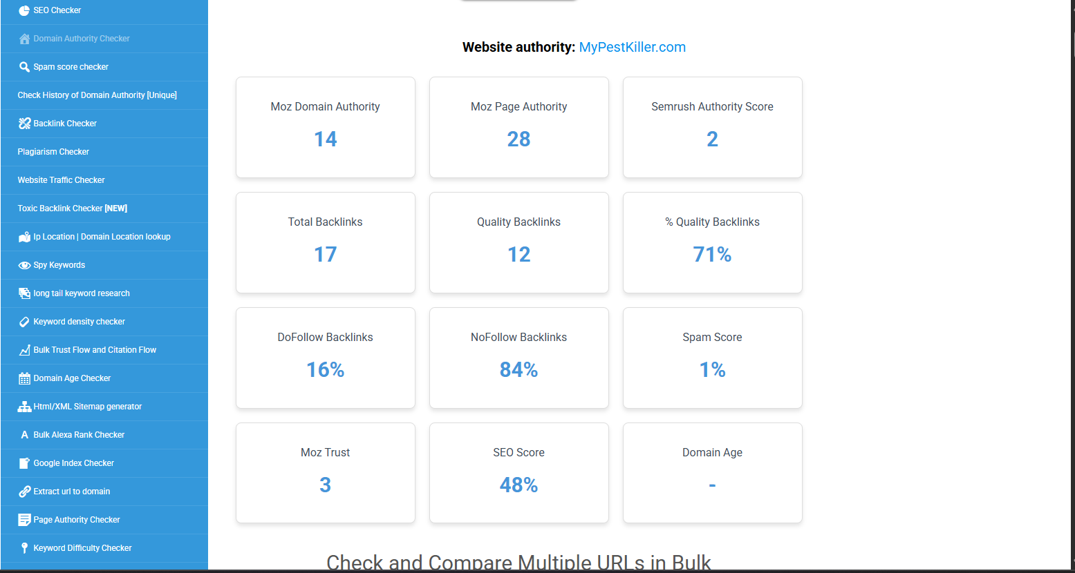 Moz domain analysis for mypestkiller.com